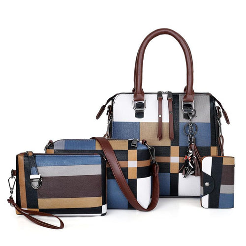 Nov Patterned Handbag Set of 4 - Blue-Handbag Set-ElegantFemme