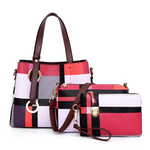 Red Patterned PU Leather Handbag Set of 3 Bags-Handbag Set-ElegantFemme