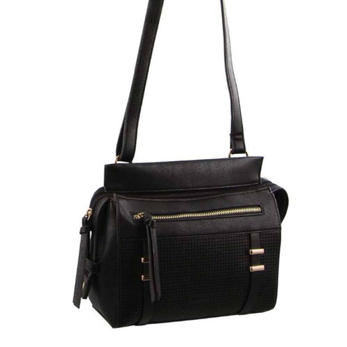 Milleni Cross-Body Handbag with perforated detail (NC2681) - Black-Crossbody Bag-ElegantFemme