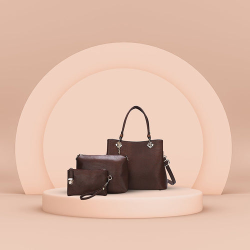 SS Patterned Handbag Set of 3 Bags - Brown-Handbag Set-ElegantFemme