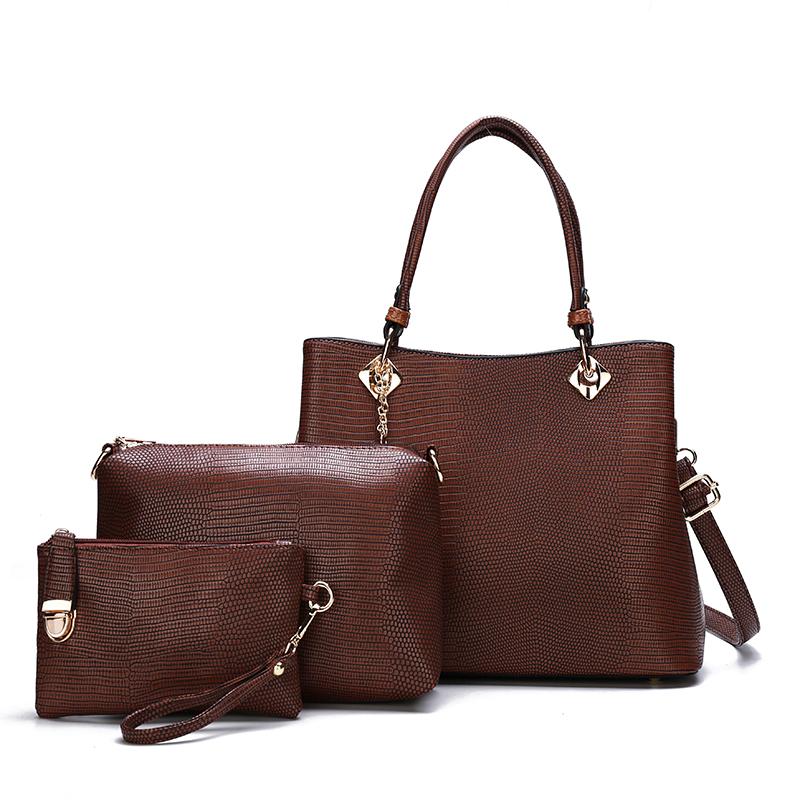 SS Patterned Handbag Set of 3 Bags - Brown-Handbag Set-ElegantFemme